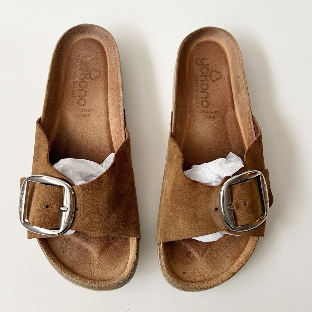 Yokono Big Buckle Slide Sandals Size 8 Brown Suede Cork Footbed Made in Spain